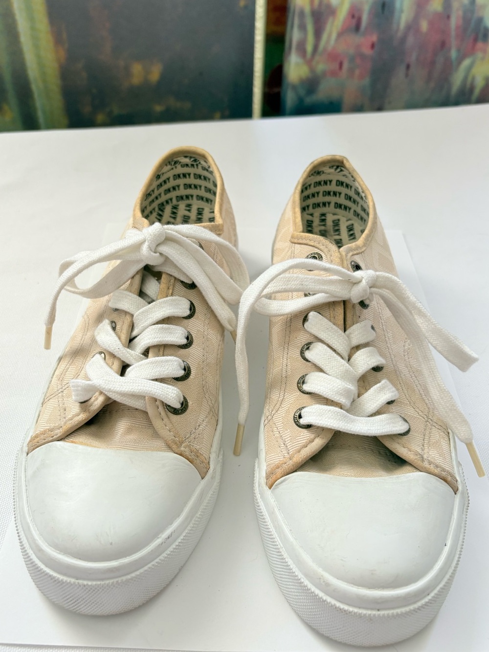 DKNY Beige Canvas Low-Top Sneakers with White Soles